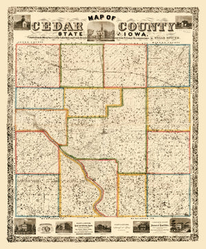 Vintage Map of Cedar County, Iowa 1863