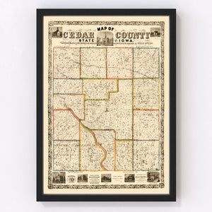 Vintage Map of Cedar County, Iowa 1863