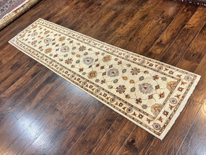 Peshawar Runner 2.7 x 10, Beige Floral Hand Knotted Vintage Wool Oriental Runner, Hallway Rug, Farmhouse Rug, Neutral Colors