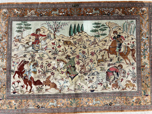 Silk Persian Qum Rug 3x5, Hunting Pattern, Handmade Vintage Carpet, Signed by Master Weaver, Horsemen Pictorials, Super Fine 650 KPSI