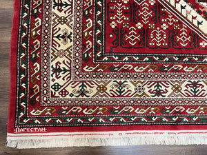 Wool Kazak Pattern Rug 7x10, Geometric Pakistani Hand Knotted Carpet, Large Medallion, Red Cream Dark Green, Room Sized Vintage Oriental Rug