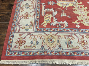 Indo Heriz Flatweave Rug 10x14, Indian Large Room Sized Carpet 10 x 14 ft, Red Green Floral Allover, Wool Handmade Vintage Oriental Rug