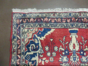 Persian Runner Rug 3 x 12, Antique Wool Oriental Runner, Floral Vases, Red & Navy Blue