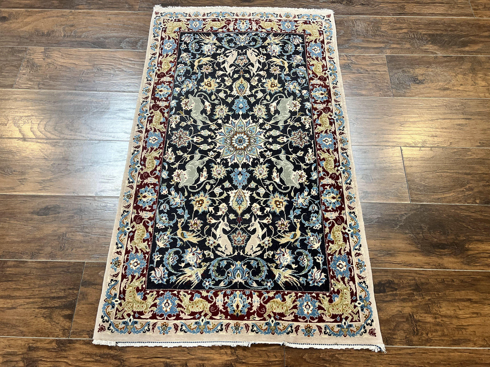 Wonderful Persian Isfahan Rug 2.4 x 4, Animal Pictorials Deer, Floral, Handmade Vintage Navy Blue Small Persian Carpet, Very Fine 430 KPSI Kork Wool