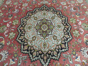 Persian Tabriz Rug 7x10, Floral Medallion Finely Hand Knotted Vintage Authentic Oriental Carpet 7 x 10, Salmon Color, 400 KPSI Elegant, Wool & Silk