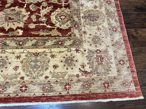 Pak Persian Rug 10x14, Sultanabad Mahal Peshawar Chobi Carpet, Large Vintage Wool Oriental Rug, Maroon & Beige, Floral Allover, Handmade