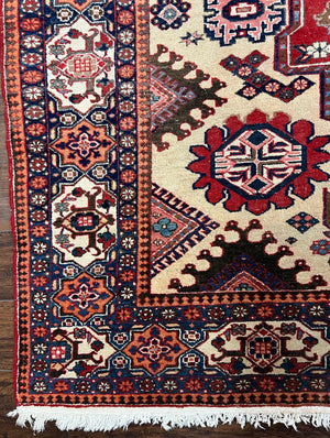 Antique Persian Heriz Rug 8x12 ft, Geometric Tribal Room Sized Carpet, Camel Hair Red Navy Blue, Wool Hand Knotted Medallion Oriental Carpet