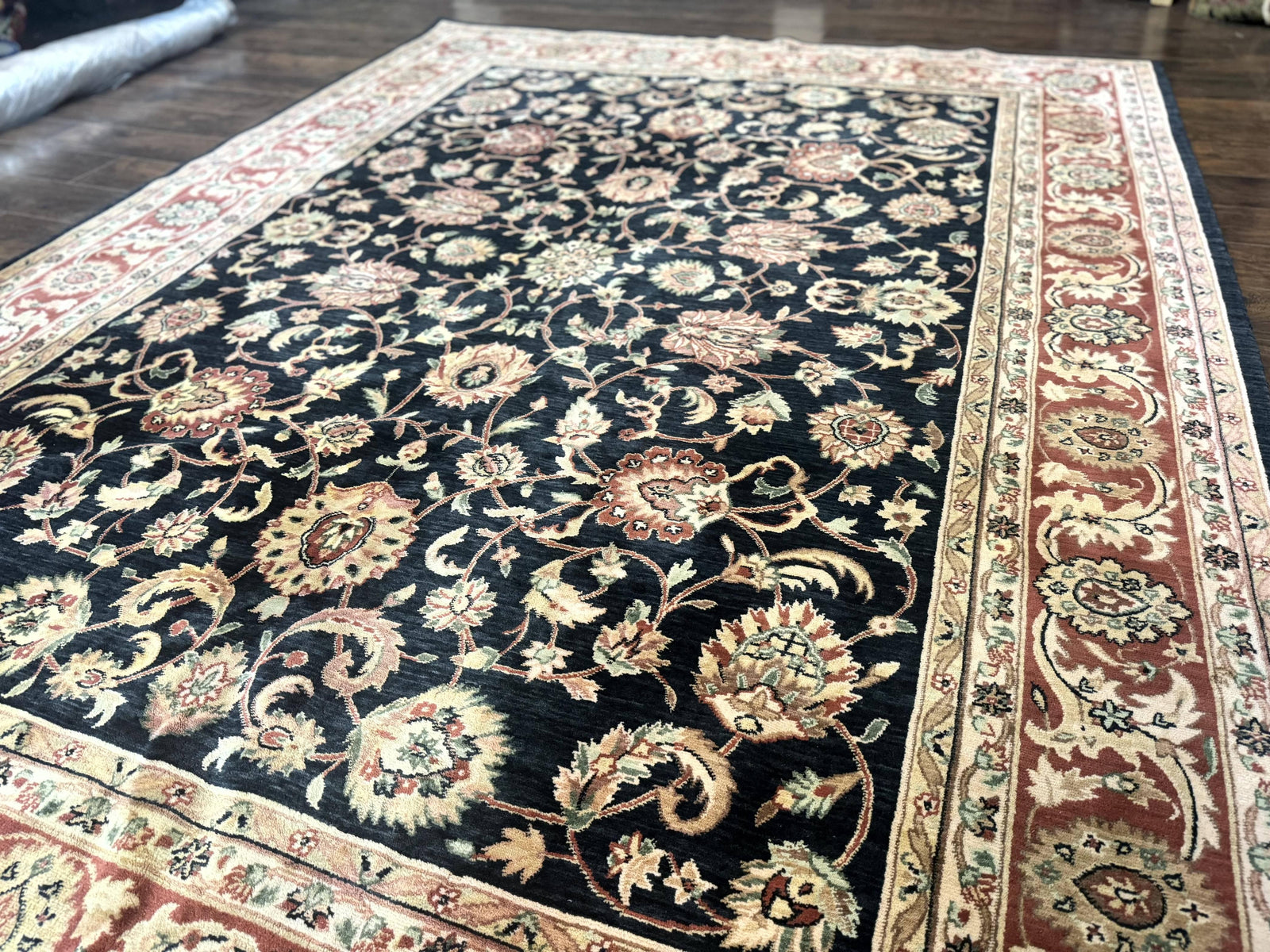 Vintage Oriental Rug 8x11, Floral Persian Design Carpet, Turkish Power Loomed Rug, Navy Blue Red Cream