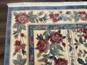 Chinese Wool Rug 8x11, Vintage 1960s Carpet, Cream and Teal, Floral Garden Panel, 8 x 11 ft Area Rug, Soft Handmade Room Sized 120 Line Rug