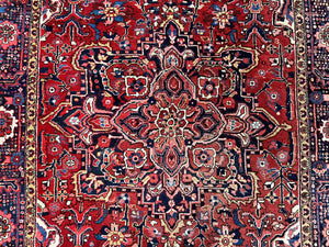Persian Heriz Rug 8x12, Vintage Geometric Medallion Carpet, Semi Antique Wool Handmade Room Sized Oriental Rug 8 x 12, Red Dark Blue Ivory