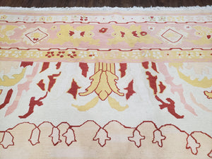 Large Turkish Kilim Carpet 10x14, Vintage Hand-Knotted Turkish Kilim Rug 10 x 14, Pink Cream Yellow Red, Decorative, Geometric, Unique