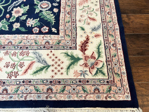 Indo Persian Rug 9x12, Wool Hand Knotted Vintage Carpet, Navy Blue & Ivory, Floral Allover Oriental Rug, 9 x 12 Room Sized Traditional Rug