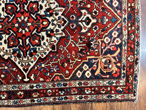 Persian Bakhtiari Rug 5 x 6.6, Tribal Geometric Carpet, Red Ivory, Handmade Wool Medium Sized Oriental Rug, Semi Antique Vintage
