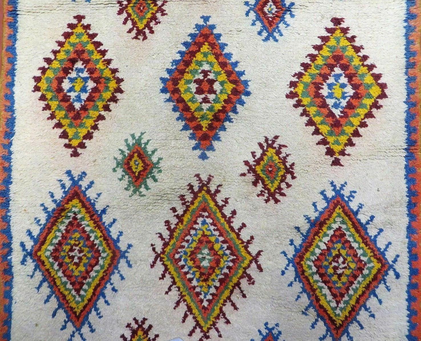Moroccan Wide Runner Rug 3' 6" x 9', Vintage Azilal Berber Carpet Tribal Runner, Colorful Diamonds Ivory Orange Yellow, Soft Wool Handmade