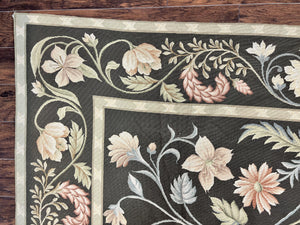 Large Needlepoint Rug 11x16, Dark Green Floral Elegant European Design Vintage Wool Handmade Carpet, Palace Size Rug