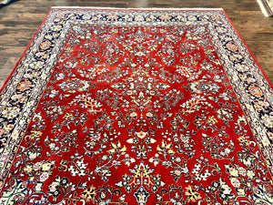 Indo Persian Sarouk Rug 8x10, Red, Floral Allover, Handmade Vintage Wool Carpet, Traditional Rug
