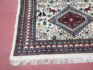 Vintage Indo Persian Area Rug 4.7 x 7.6, Wool Hand-Knotted Ivory Carpet, Animal Pictorials, Elephants Horses Lions, Indian Carpet, Unique