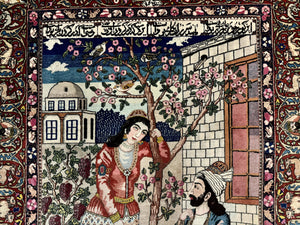 Wonderful Persian Kashan Pictorial Rug 4.7 x 6.5, Persian Rug for Wall Hanging, Handmade Antique Wool Carpet Animal Motifs Poetry Lovers, 240 KPSI