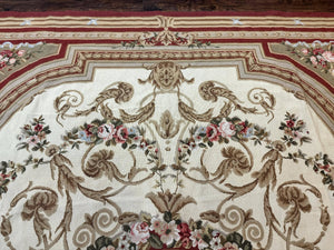 Aubusson Needlepoint Rug 9x11, Handmade Vintage Wool Flatweave Carpet, Elegant European Rug, Floral, Cream