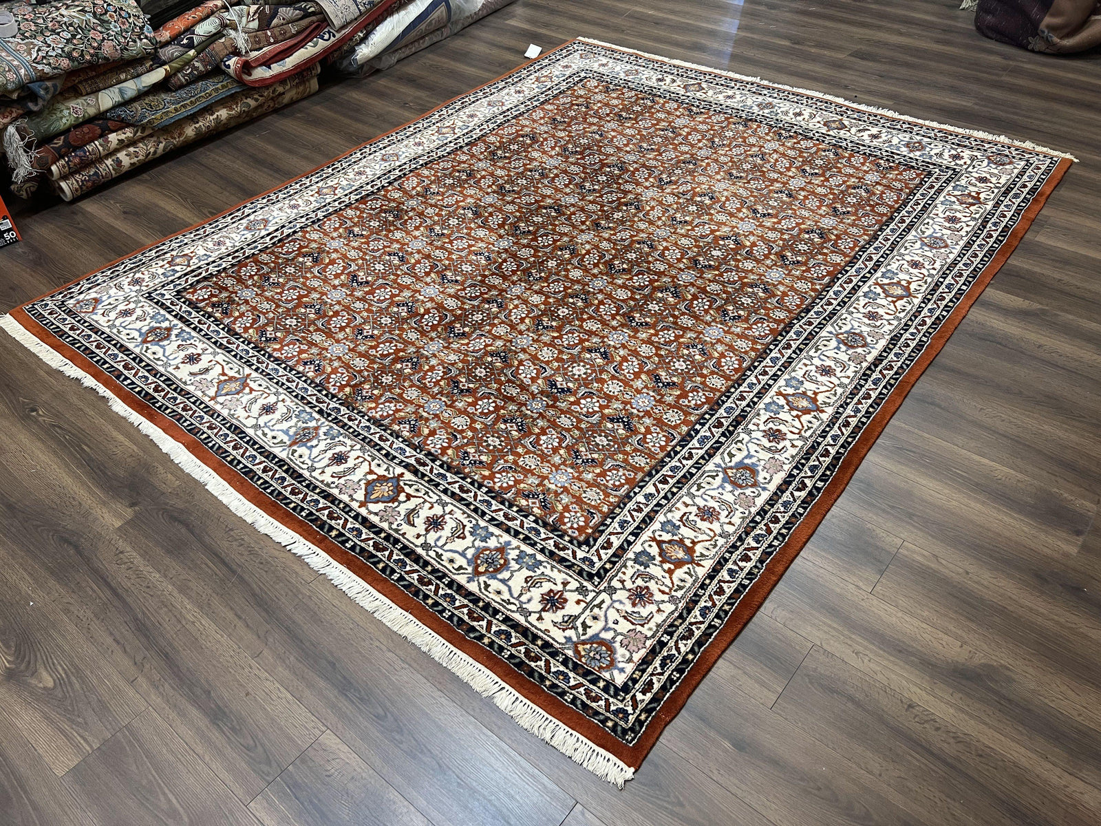 Indo Bidjar Rug 8x10, Indo Persian Bijar Carpet 8 x 10 ft, Herati Allover Floral, Red and Ivory, Wool Hand Knotted Vintage Oriental Rug Nice