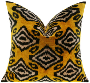 Handmade 16x16 Silk Velvet Throw Pillow in Gold with Black and White Geometric Design – Down Feather Insert