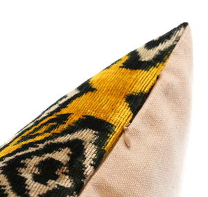 Handmade 16x16 Silk Velvet Throw Pillow in Gold with Black and White Geometric Design – Down Feather Insert