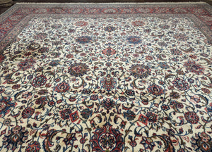 Ivory Persian Sarouk Rug 13x20, Palace Size Carpet, 225 KPSI, Traditional Wool Handmade Vintage Extra Large Rug 13 x 20 ft, Allover Pattern,