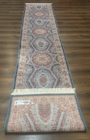 Turkish Silk Runner Rug 2.6 x 13, Blue Runner Rug, Dome Design, Bamboo Silk, New