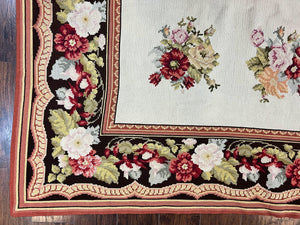 Portuguese Needlepoint Rug 8x9, Vintage Rug 8 x 9 ft, Ivory Dark Brown Hand-Woven Wool Portuguese Carpet, European Rug