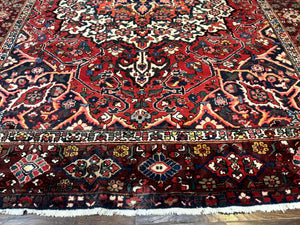 Rare Persian Bakhtiari Rug 10x13, Red, Semi Antique, Large Persian Carpet, Handmade