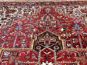 Persian Heriz Rug 10x13, Wool Hand Knotted Vintage Carpet, Geometric Medallion Tribal Oriental Rug, Red & Ivory, 10 x 13 Large Sized Rug