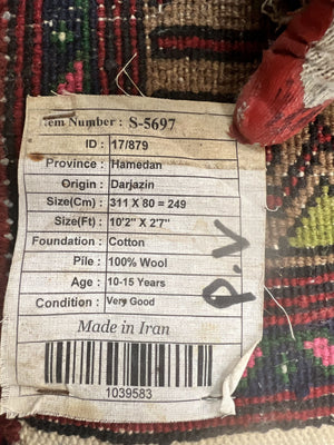 Persian Tribal Runner Rug 3x10, Red Camel Hair Navy Blue, Handmade Hand Knotted 10ft Wool Oriental Vintage Runner for Kitchen or Hallway, Persian Lilihan Hamadan Runner