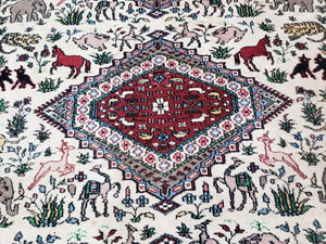 Vintage Indo Persian Area Rug 4.7 x 7.6, Wool Hand-Knotted Ivory Carpet, Animal Pictorials, Elephants Horses Lions, Indian Carpet, Unique