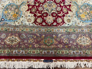 Stunning Persian Tabriz Rug 5x7, Signed by Masterweaver, Maroon, Floral Medallion, Ultra Fine 70 Raj 625 KPSI, Kork Wool Silk Foundation, Handmade