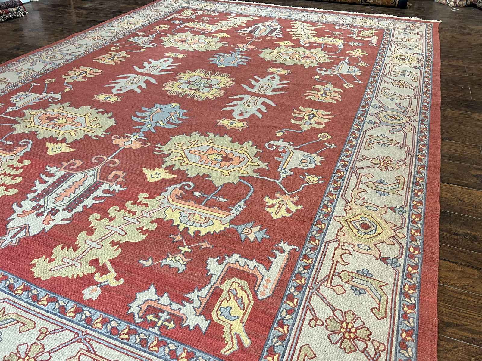 Indo Heriz Flatweave Rug 10x14, Indian Large Room Sized Carpet 10 x 14 ft, Red Green Floral Allover, Wool Handmade Vintage Oriental Rug