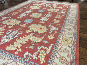 Indo Heriz Flatweave Rug 10x14, Indian Large Room Sized Carpet 10 x 14 ft, Red Green Floral Allover, Wool Handmade Vintage Oriental Rug