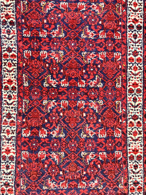 Persian Tribal Runner 3 x 9, Hamadan Dargazin Rug, Dark Blue and Red Wool Hand Knotted Hallway Rug, Vintage Antique Oriental Runner, 9ft Long Runner, Herati