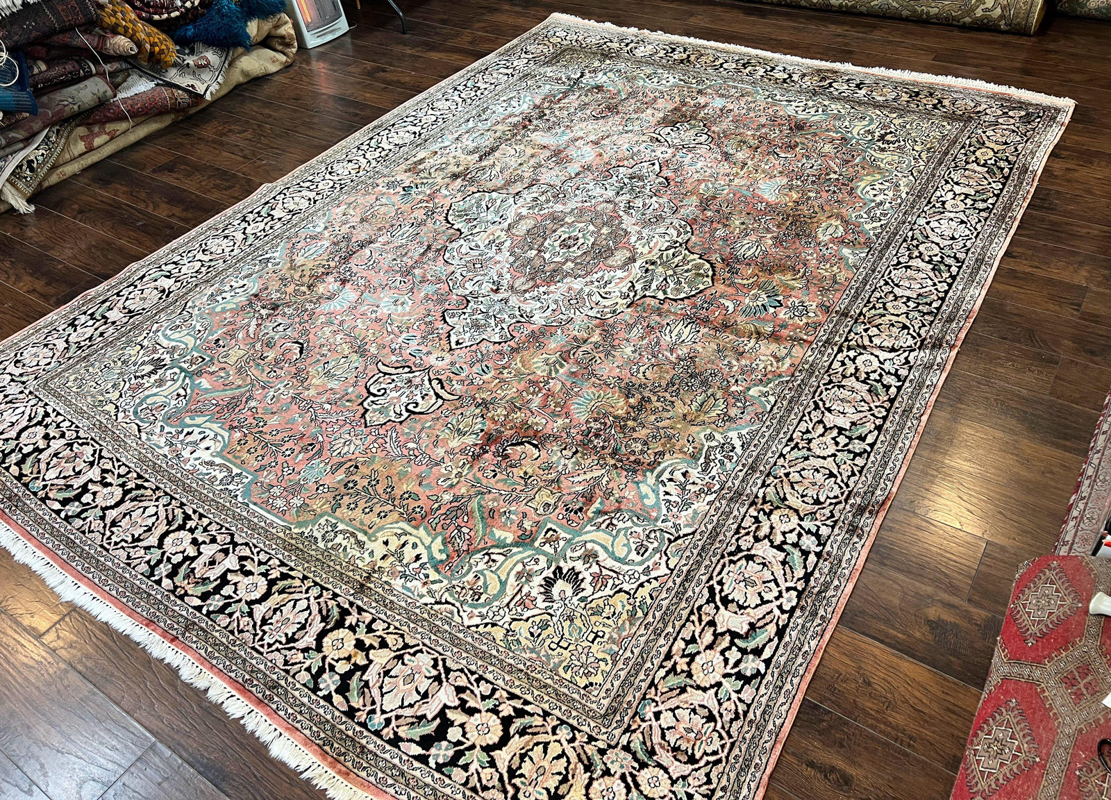Indian Kashmiri Silk Rug 9x12, Vintage Rug 9 x 12 ft, Salmon Ivory Black Hand-Knotted Silk on Cotton Oriental Floral Carpet, Traditional Rug