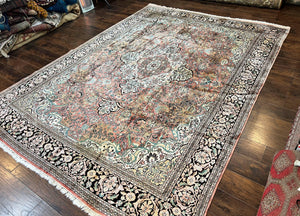Indian Kashmiri Silk Rug 9x12, Vintage Rug 9 x 12 ft, Salmon Ivory Black Hand-Knotted Silk on Cotton Oriental Floral Carpet, Traditional Rug