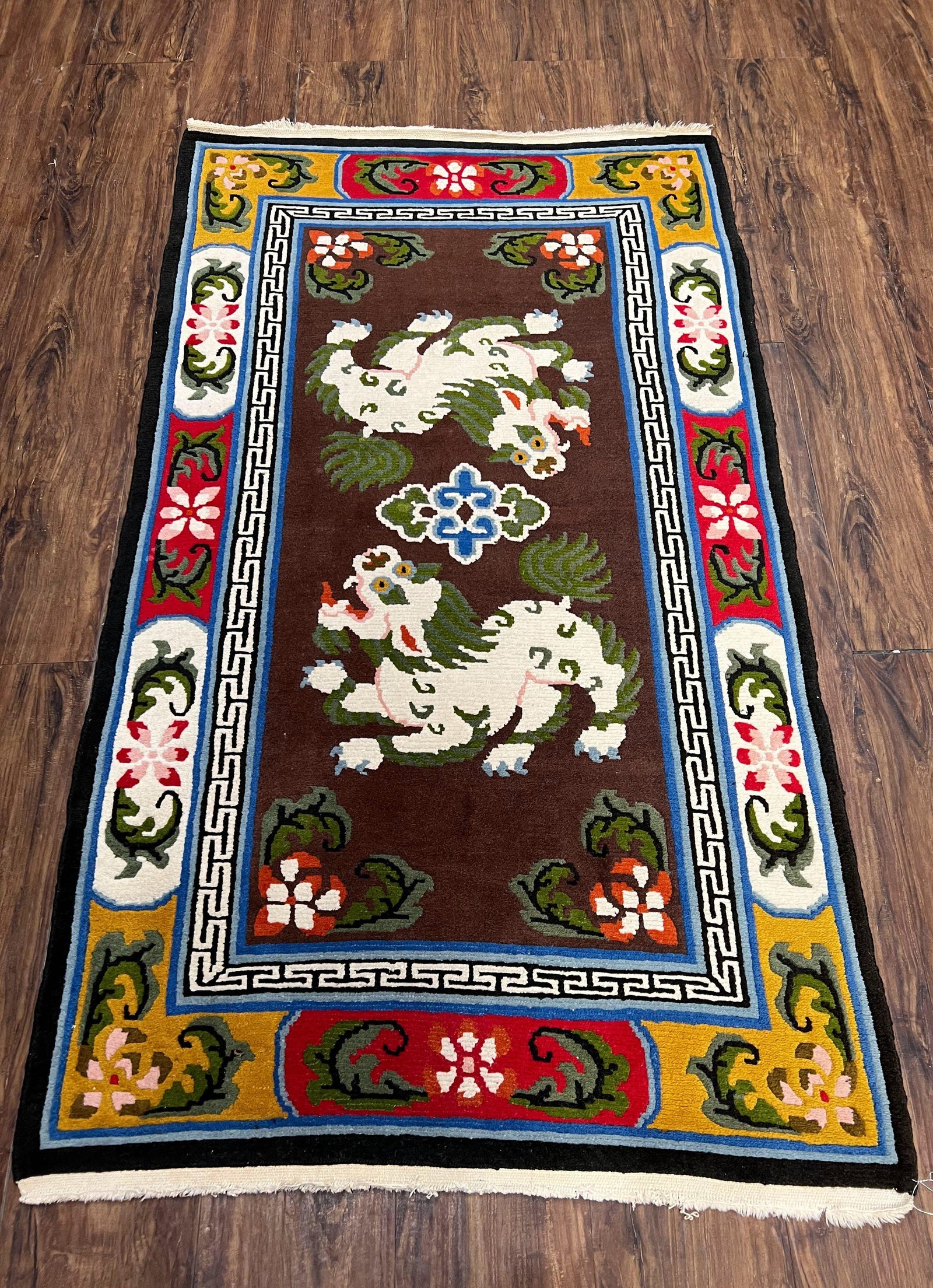Chinese Peking Rug 3x5 with Animal Pictorial, Brown Ivory Gold Red, Handmade Vintage Chinese Carpet, Art Deco Rug, Unique Asian Oriental Rug