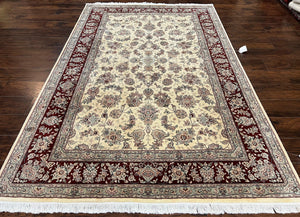 Pak Persian Rug 6x9, Floral Allover Carpet 6 x 9 ft, Cream and Maroon Hand Knotted Wool and Silk Fine Oriental Rug, Traditional Vintage Rug