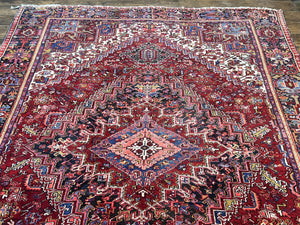 Persian Heriz Rug 9x11 ft, Geometric Rug 9 x 11, Red Room Sized Semi Antique Vintage Wool Hand Knotted Oriental Carpet