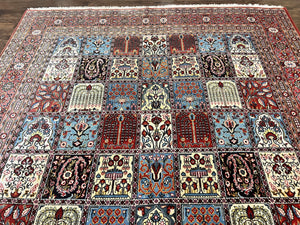 Persian Qum Rug 9x13, Multicolor Panel Design, Red Blue Cream, Hand Knotted Vintage Large Wool Rug
