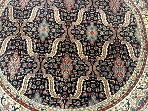 Round Indo Persian Rug 6x6, Indian Bidjar Rug, Navy Blue and Beige