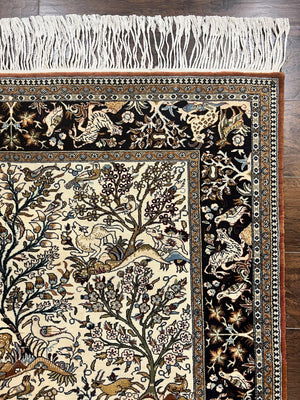 Persian Qum Tree of Life Rug 5x7, Wool and Silk Highlights, Animal Motifs, Vintage Hand Knotted Handmade Cream & Black Fine Oriental Carpet