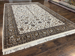 Indo Kirman Rug 8x12 Allover Floral Design, Ivory/Cream Brown, Vintage Handmade Hand Knotted Rug, Traditional Wool Persian Carpet 8 x 12