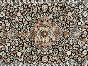Silk Indian Kashmiri Rug 3x5, Indo Persian Silk on Silk Carpet, Very Fine 350 KPSI, Navy Blue, Handmade, Floral Medallion