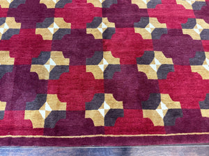Modern Tibetan Rug 5 x 6.8, Wool, Red, Allover Pattern, Nepali Rug, Abstract Rug, Handmade Area Rug