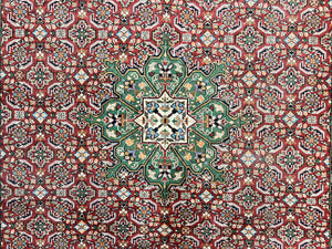 Persian Tabriz Rug 7x10, Wool Hand Knotted Vintage Carpet, Red Green & Cream, Herati Pattern, 7 x 10 Room Sized Oriental Rug