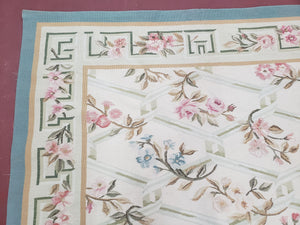 Vintage Aubusson Area Rug, Aubusson Flat weave Carpet, Floral Geometric Pattern, Beige Teal Green, 4x6 Rug, European Design